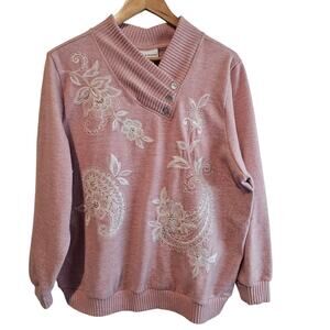 Vintage Alfred Dunner Sweater Women Lg Pink Embroidered Cottage Preppy Coquette